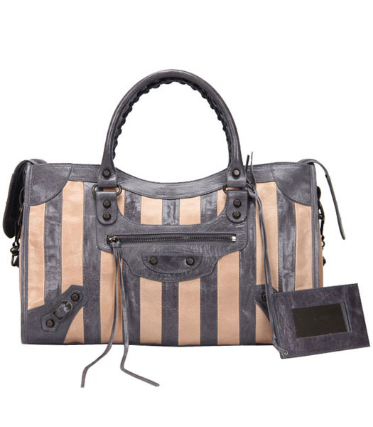 Balenciaga Motorcycle City Bag in grigio scuro / albicocca Stripe olio L